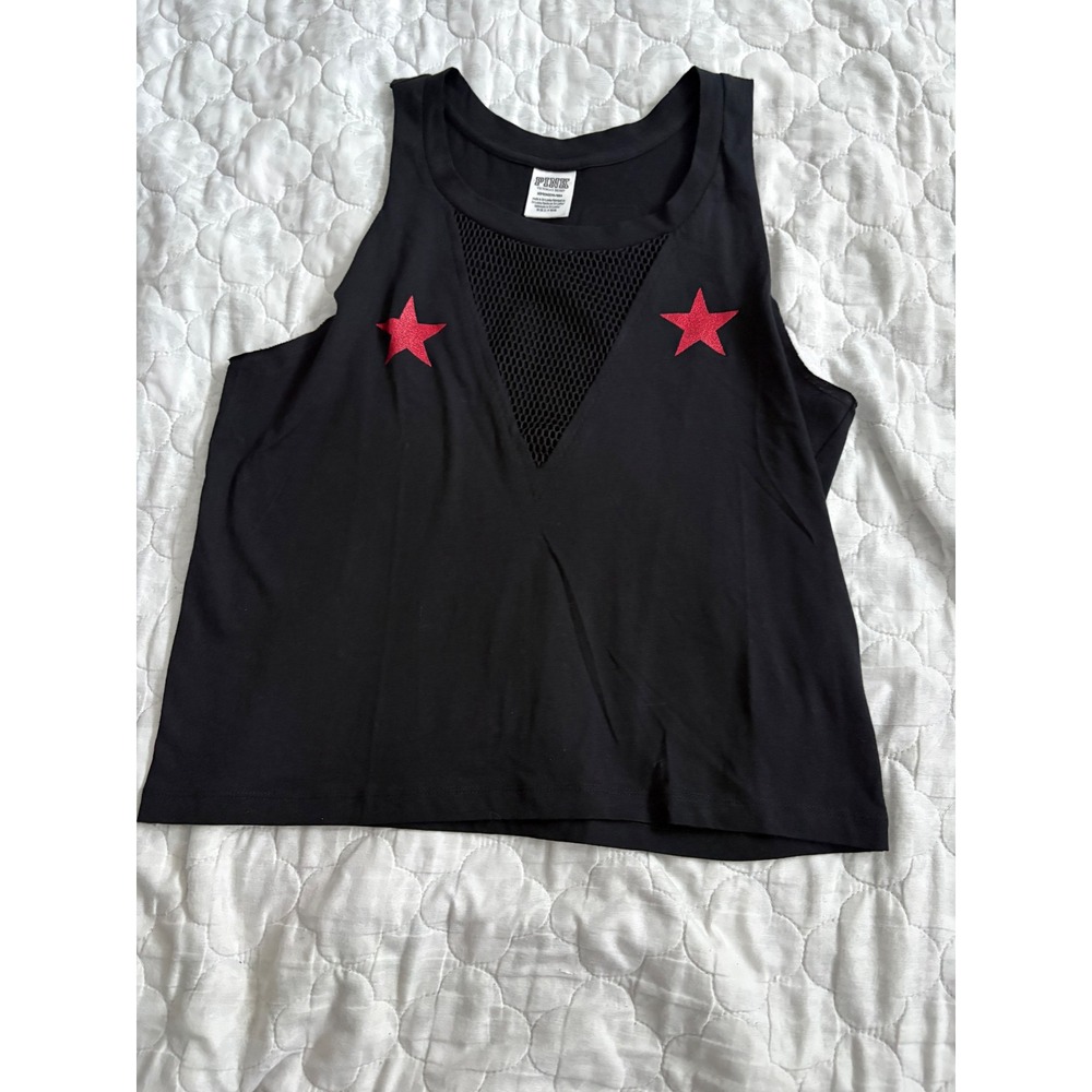 Victoria's Secret PINK Black Tank Top Red Glitter Stars Mesh V-Neck Small